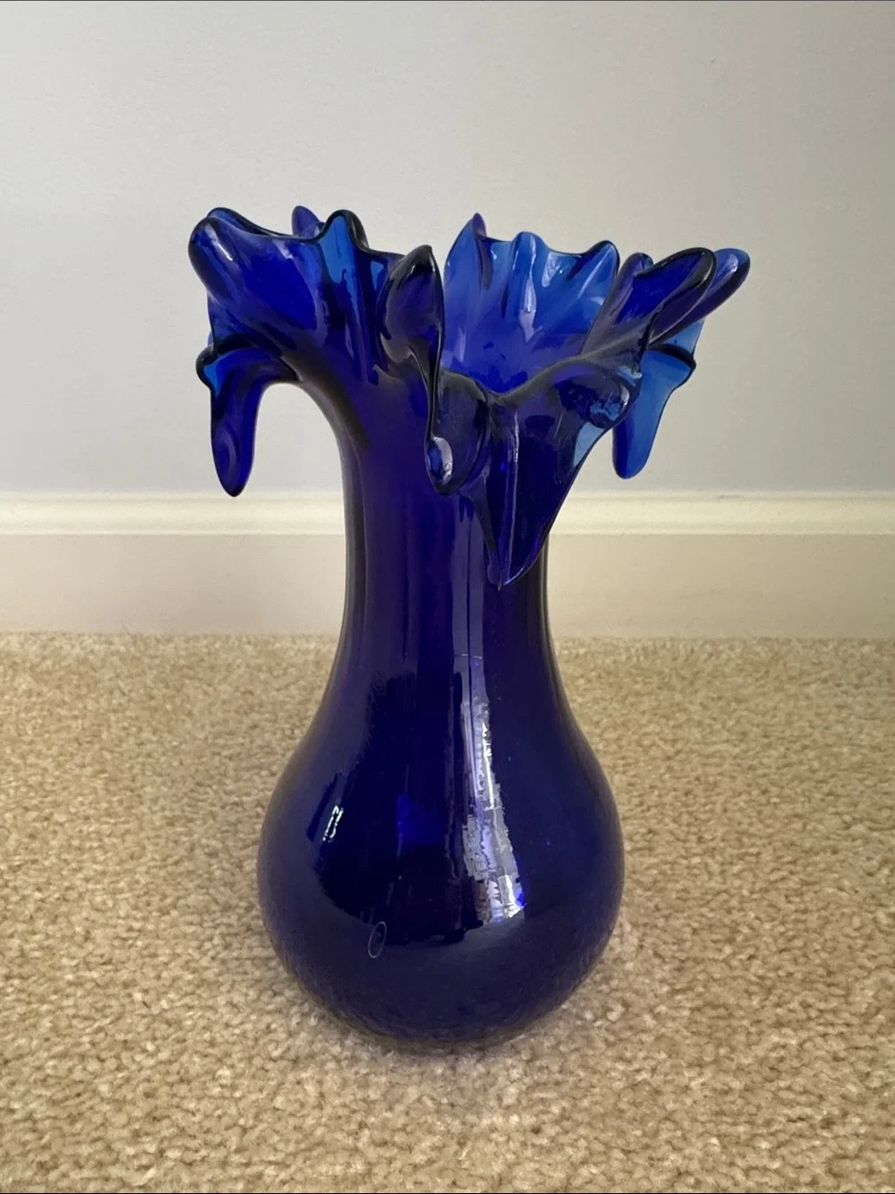 Cobalt Blue Ruffled Glass Vase -